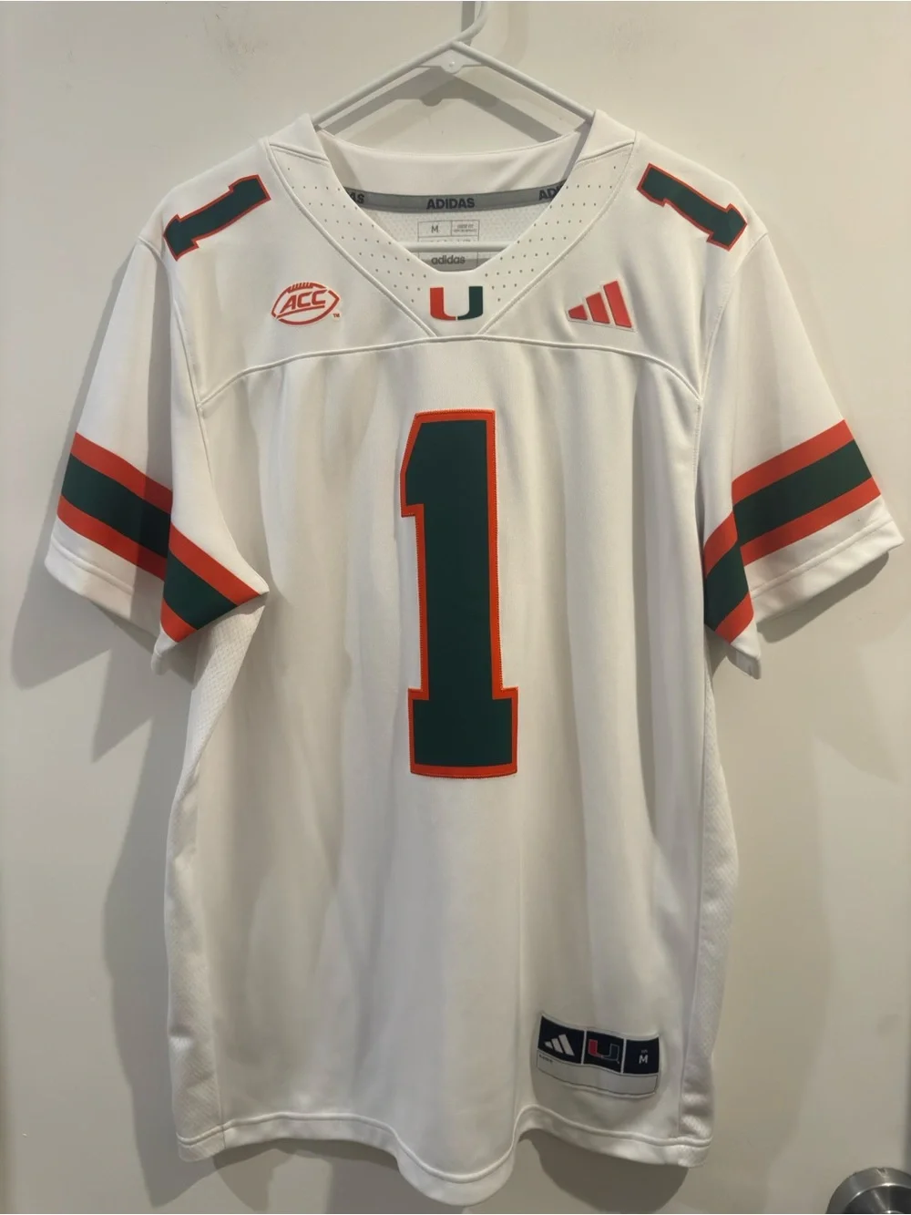 Adidas University of Miami Hurricanes White #1 Jersey Football NCAA  Size Medium